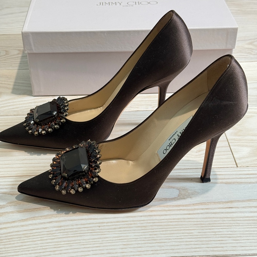 Jimmy Choo Vintage ‘Karen’ Brown Silk Satin Jeweled Heels, sz 38, NWT
